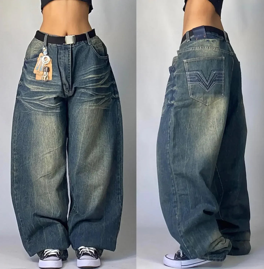 2000s Baggy Jeans Women New Harajuku Hip Hop Wing Print Oversized Jeans Gothic High Waist Wide Leg Pants Men Trousers Streetwear