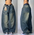 2000s Baggy Jeans Women New Harajuku Hip Hop Wing Print Oversized Jeans Gothic High Waist Wide Leg Pants Men Trousers Streetwear