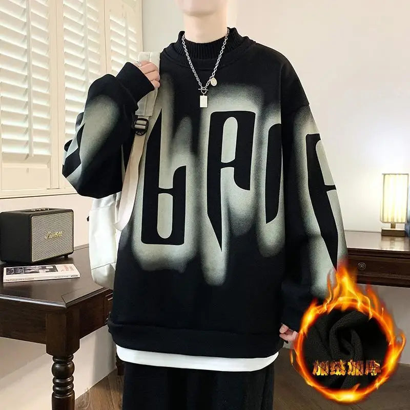 Autumn Winter Long Sleeve Print Letter Casual Hoodies Sweatshirts Thick Fake Two Pieces Fashion Tops Korean Trend Men Clothing