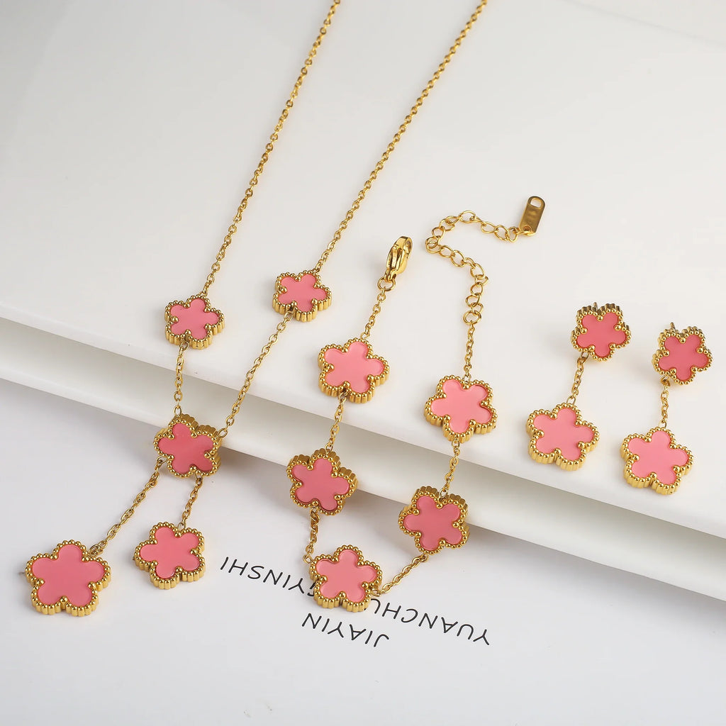 3Pcs Stainless Steel Hot Selling Gold Plated Clover Necklace Earrings Bracelet Jewelry Set Five Leaf Flower Jewelry For Women