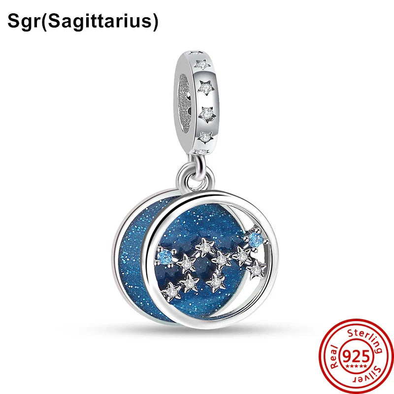 Authentic 925 Sterling Silver Sparkling Aries Leo Scorpio 12 Zodiac Signs Constellation Charm Beads Fit Pantaro Bracelet Jewelry