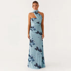 Elegant Floral Print Maxi Dress Backless Sleeveless Long Robes High Waist Slimming Dresses 2025 New Lady Vacation Beach Clothing