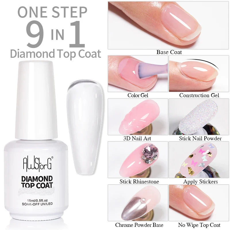 AWStorG15ml 2 IN 1 Crystal Top Coat Transparent Soak Off UV LED Nails Art Manicure Gel Nail Polish Varnishes Primer Function Gel