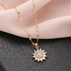 1PCS Gold-color Necklace Ladies Light Luxury Style Flower Pendant Inlaid Zirconia Titanium Steel Chain Holiday Jewelry