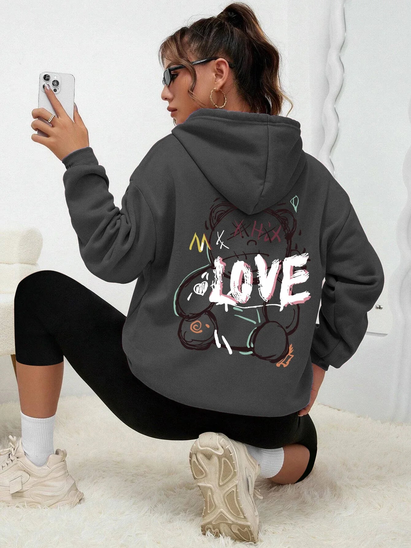 Graffiti Line Bear Simple Print Female Hoody Harajuku S-Xxl Sweatshirt Fashion Casual Street Hooded Autumn Warm Streetwear Women