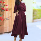 Elegant Women's Spring/Summer Fashion Green Diagonal Neck Middle Sleeve Casual Dress Women's Casual Retro Long Dress s-3XL