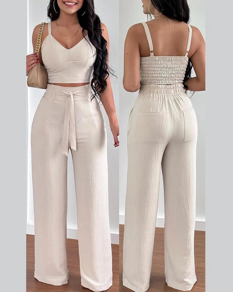 2025 Conjuntos Para Mujeres 2 Piezas Women V-neck Two-piece Set Backless Sleeveless Long Pants Casual 2 Piece Sets Women Outfit