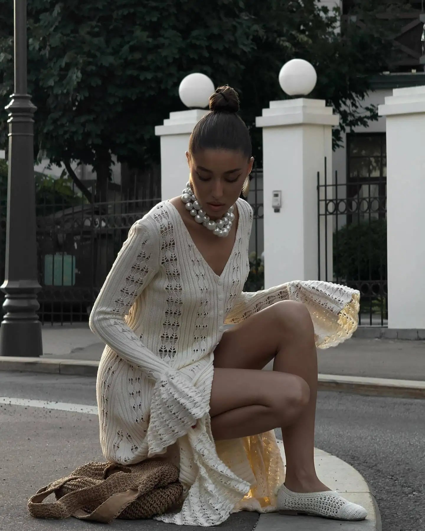 DSMTRC 2025 Holiday Knitted See-throught Cardigan Dress V Neck Long Flare Sleeves Leisure Long Trendy Single Breasted Autumn