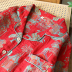 2025 New Spring and Autumn Women's Pajama Set 100% Cotton Retro Color Woven Home Clothes Long Sleeve Long Pants Two Piece Set