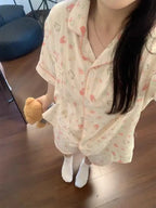 Cute Girl's Summer Cotton Linen ort Sve Nightgown Home Clothes Set Bear Print Gauze Spwear Simple Home Sle