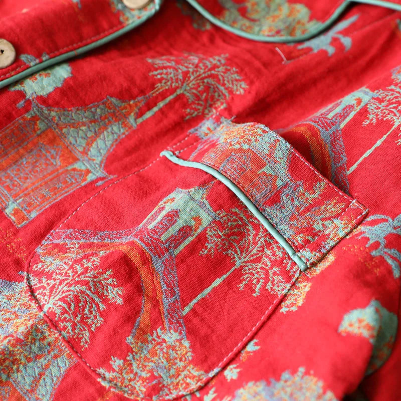 2025 New Spring and Autumn Women's Pajama Set 100% Cotton Retro Color Woven Home Clothes Long Sleeve Long Pants Two Piece Set