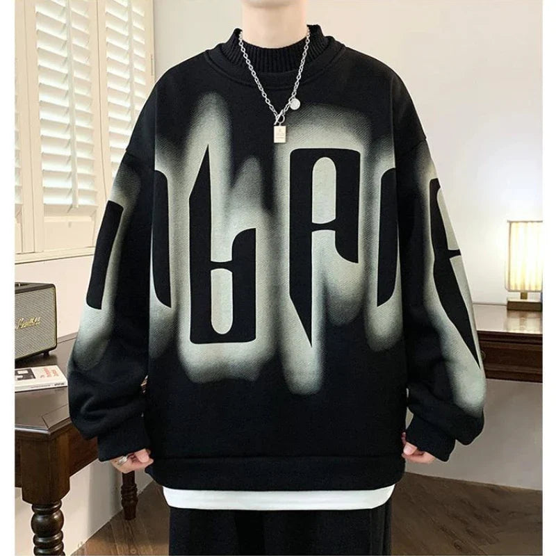 Autumn Winter Long Sleeve Print Letter Casual Hoodies Sweatshirts Thick Fake Two Pieces Fashion Tops Korean Trend Men Clothing
