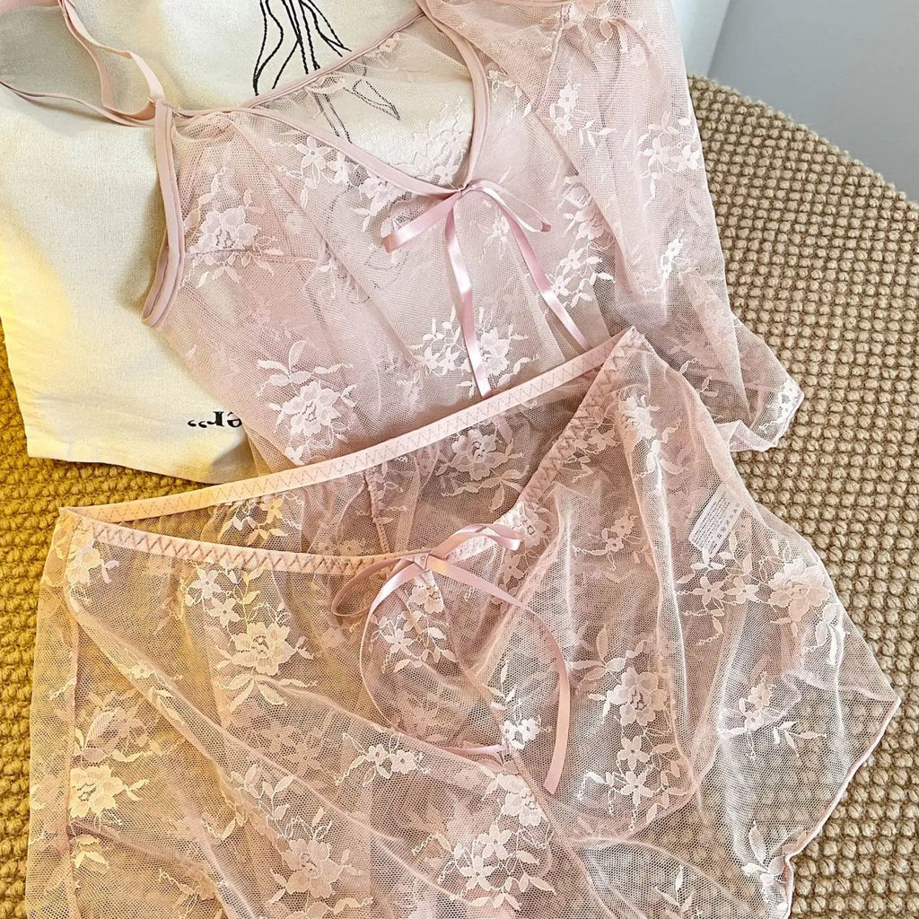 ElyraLux Women Harness Pajama Suspender Shorts for Women Pajamas Set Lace Silk Lingerie Pyjamas Shorts Set Pink lace pajamas