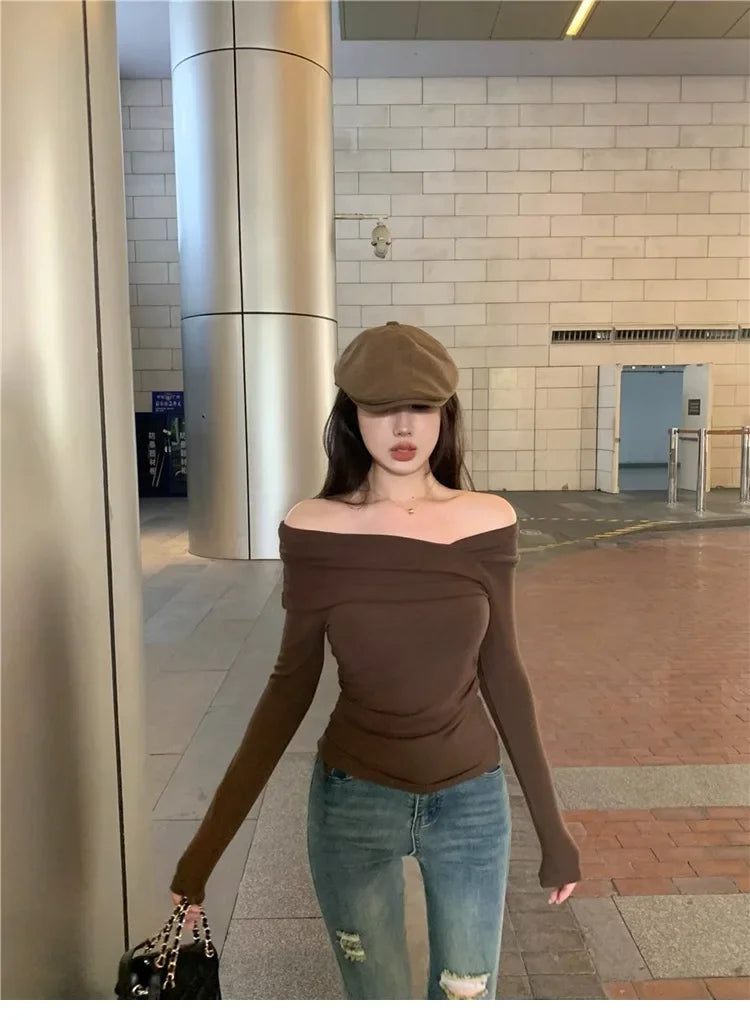 Elegant Off-Shoulder Long Sleeve Knitted Top For Women 2023 Autumn Slimming Smooth Base Layer T-Shirt Polyester Fiber Full Sleev