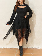 Halloween Plus Size Women's Gothic Lace Flare Sleeve A-Line Midi Dress Ladies Asymmetrical Hem Punk Party Costplay Dress 1XL-6XL