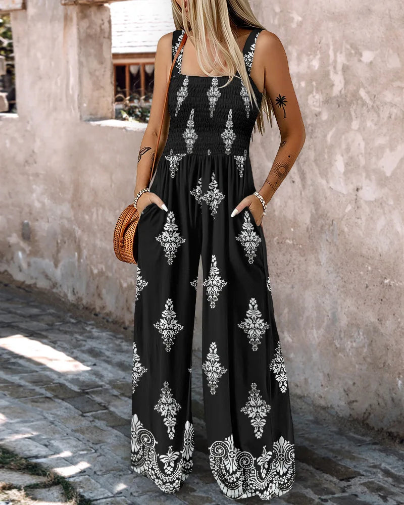 2025 Summer Female Jumpsuits with Pockets Fashion Printing Wide Legs High Waist Women's Rompers Sleeveless Strap Pants Trousers