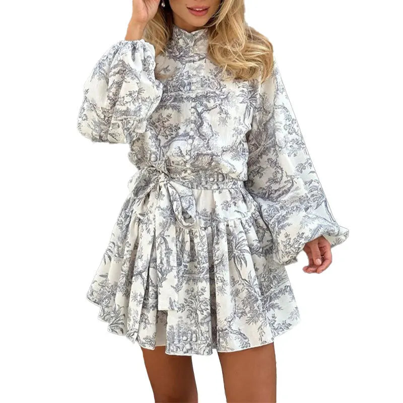 Autumn new women's clothing style elegant, fashionable, casual, sexy commuting long sleeved lace up Chinese style printed dress