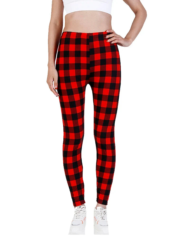 CUHAKCI Female Fitness Leggings Women Print Plaid Leggings Lady Sexy Slim Pencil Pants Push Up Elastic Waist Trousers