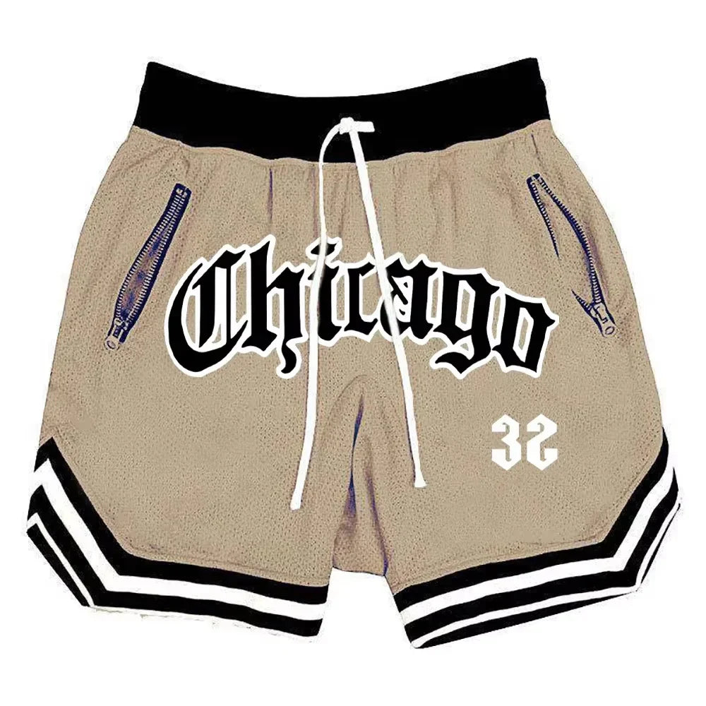 Chicago Basketball Shorts Men's Casual Sports Shorts Breathable Running Training Five Points PantsMesh Fitness Short Trousers