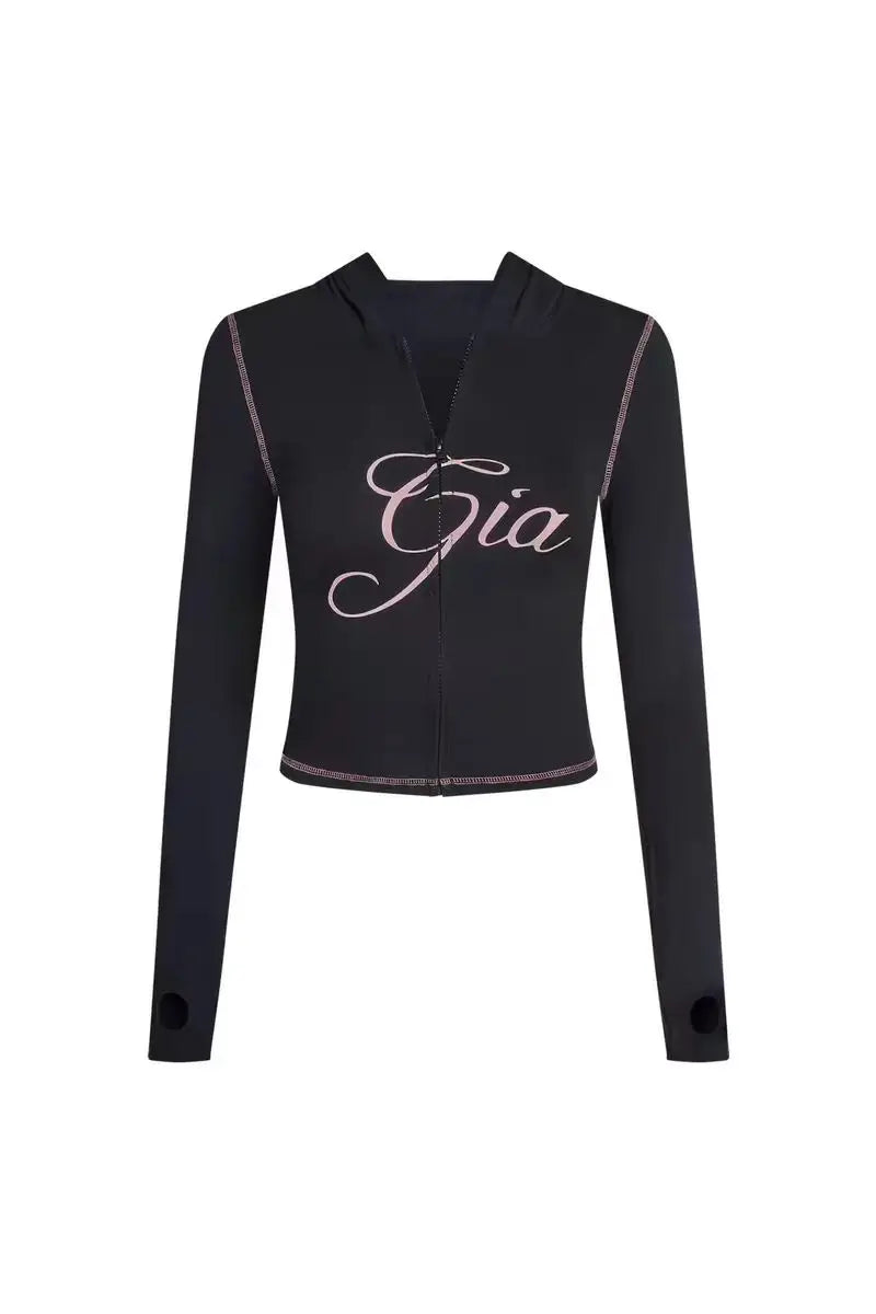 25 Summer New Shoulder Letter Printed Bright Thread Design Slimming Hooded Zipper Short Coat Shorts Set for Women