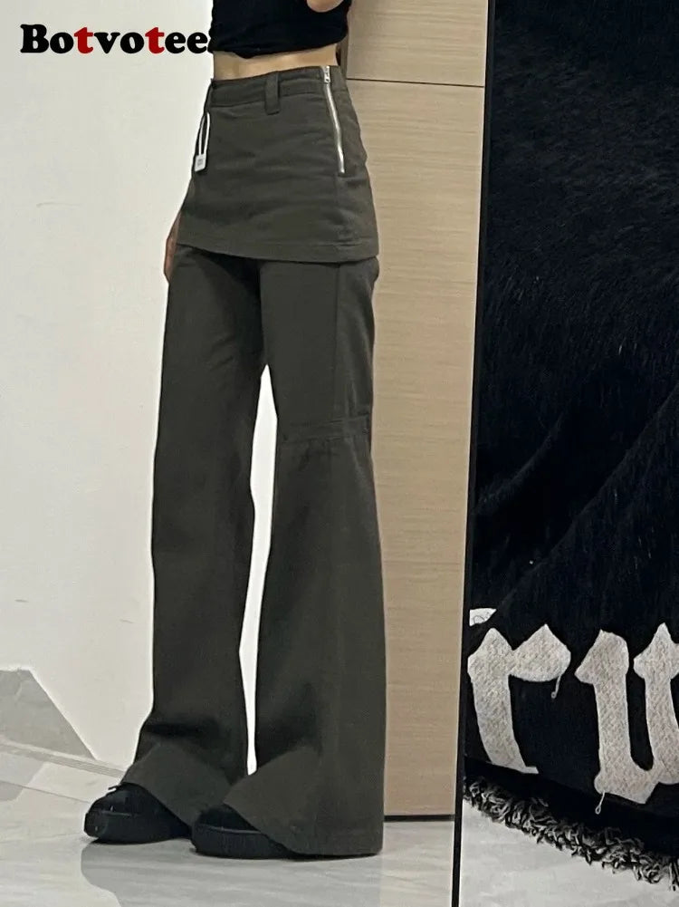 Botvotee Fake Two-Piece Plus size Wide Leg Jeans for Women 2025 New Y2k Fashion Streetwear High Waisted Flare Denim Pants