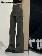 Botvotee Fake Two-Piece Plus size Wide Leg Jeans for Women 2025 New Y2k Fashion Streetwear High Waisted Flare Denim Pants