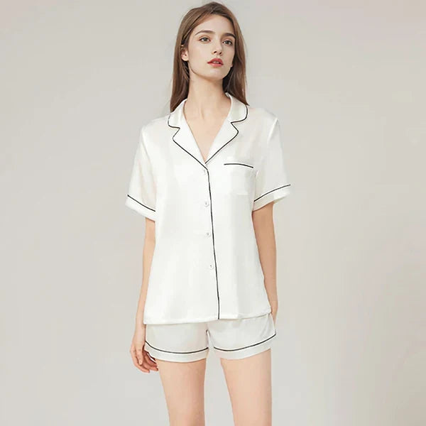 100% Real Mulberry Silk Womens Pajamas Set Sleepwear Pjs Button Down Short Sleeve Shirt Top and Shorts Loungewear 2 Piece M-4XL