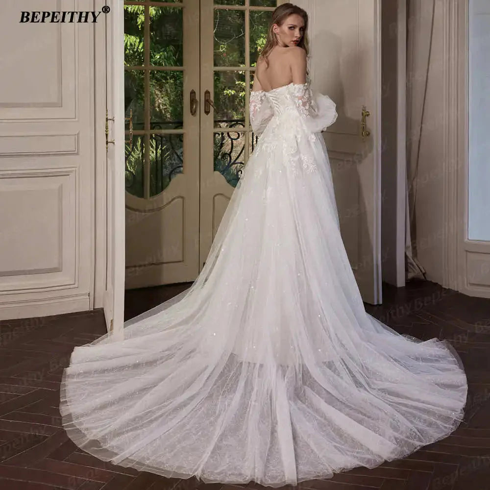 BEPEITHY Customized Strapless A Line Off Shoulder Long Sleeves Bride Ivory Wedding Dresses Glitter Court Train Bridal Gown 2025