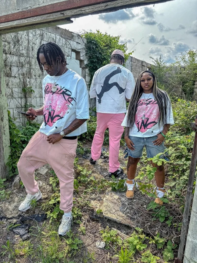 American Retro Letter Printing Oversized T-shirt Hip-hop Harajuku Punk Round Neck Graphic Top Men Trendy Casual Streetwear Women