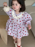 2025 Spring New Baby Girl Long Sleeve Dress Cute Strawberry Print Newborn Toddler Princess Bodysuit Dress Kids Girls Lace Dress
