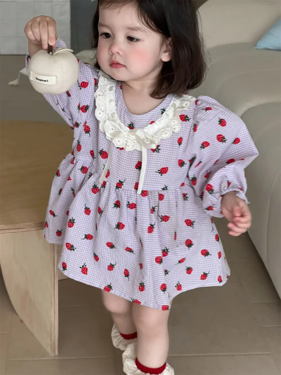 2025 Spring New Baby Girl Long Sleeve Dress Cute Strawberry Print Newborn Toddler Princess Bodysuit Dress Kids Girls Lace Dress