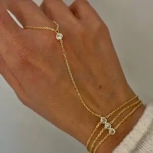 14K Gold Plated Titanium Fashion Bracelet for Women Dainty Triple Hand Chain Finger Bracelet with Zircon Crystal, Gifts for Girl