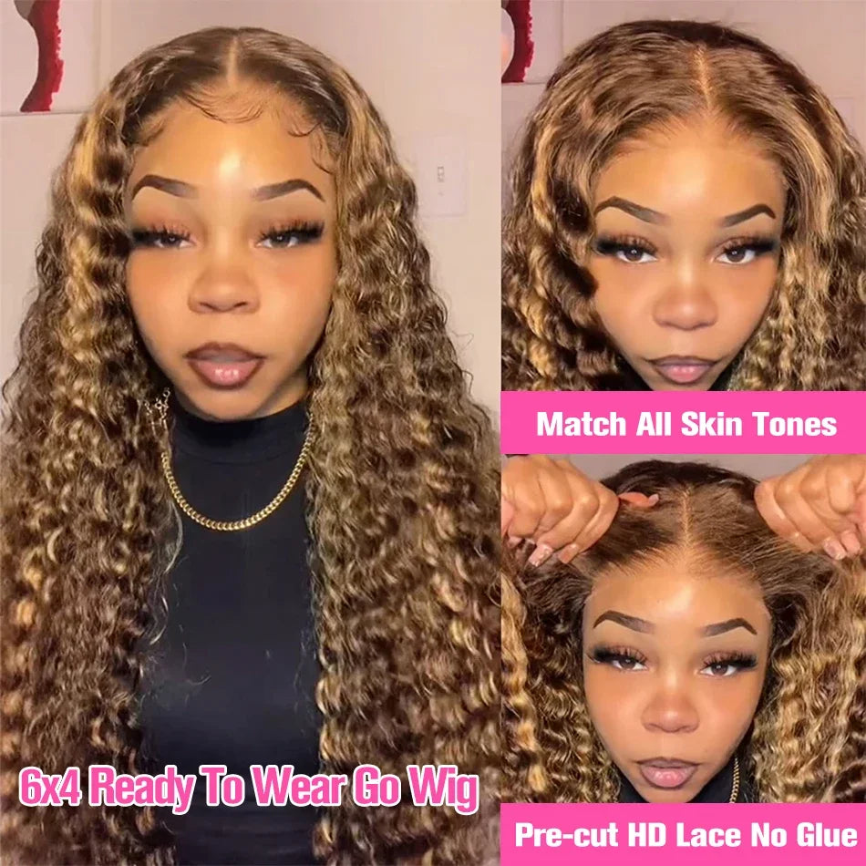 13x6 Highlight Wig Human Hair Deep Wave 40 Inch HD Lace Front Human Hair Wig 200 Density 4/27 Ombre Brown Blonde Lace Front Wigs