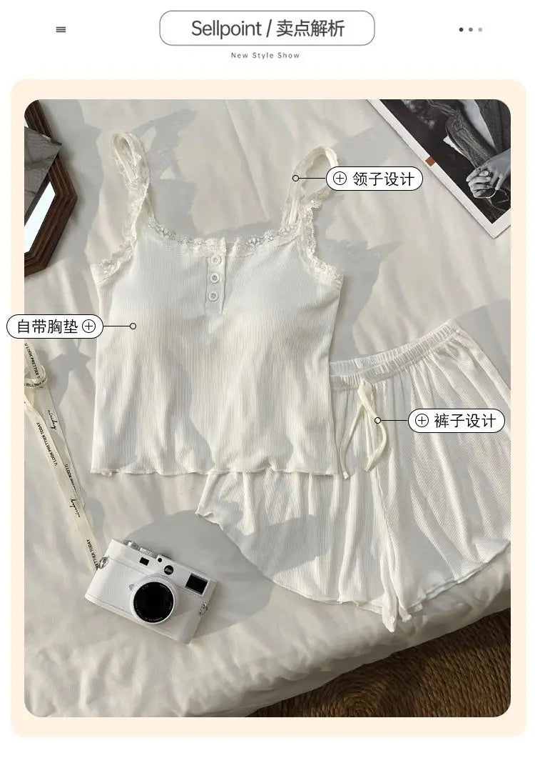 Casual Women Pajamas Summer Sleepwear Spaghetti Strap Shorts Sets 2 Pieces Night Wears O-neck Korean Sleeping Solid Home Suit