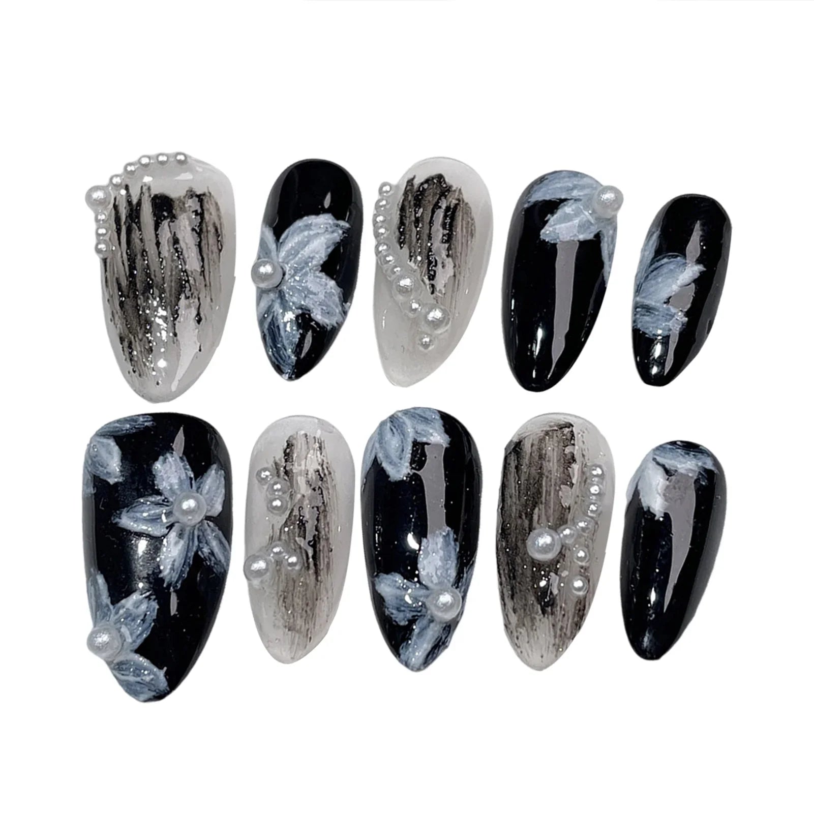 Handmade Press on Nails White Pearl Design Fake Nails with Flower Decor Wearable Detchable Fake Nails for Women DIY Manicure