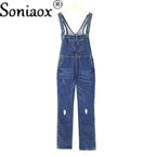 Casual Streetwear Hole Denim Jumpsuits Women 2024 Loose Suspenders Pocket Long Pants Waistline Straight Jeans Rompers