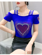 Aoxison Summer Short Sleeved Women's T-Shirt Elegant Slim Shiny Love Heart Diamonds Mesh Tops Chic Girl Sexy Off Shoulder Tees