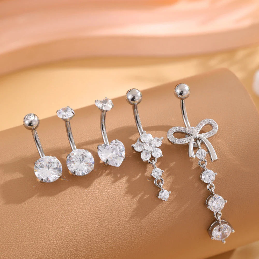 14G Gold Color Series Butterfly Dangled Belly Piercing Sets 5PCS/Lot Heart Flower Curved Navel Navel Ring Belly Button Rings