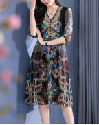 2025 Summer Bohemian Dresses For Women Elegant V-neck High Waist Women's Print Black Dress A-line 100% Real Silk Long Midi Dress