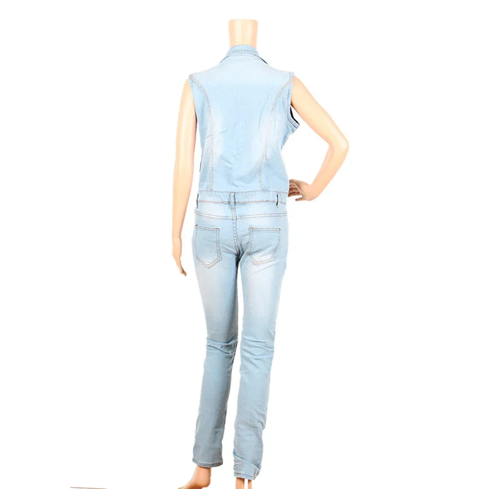 Denim Jumpsuit for Women Sexy Slim Fit Zipper Sleeveless V-Neck High Waist Fashion Jean Pants Rompers