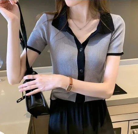 Elegant V-Knit Polo Neck Tee - Grey Short Sleeve Women's Top, Trendy & Unique Style