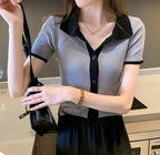 Elegant V-Knit Polo Neck Tee - Grey Short Sleeve Women's Top, Trendy & Unique Style