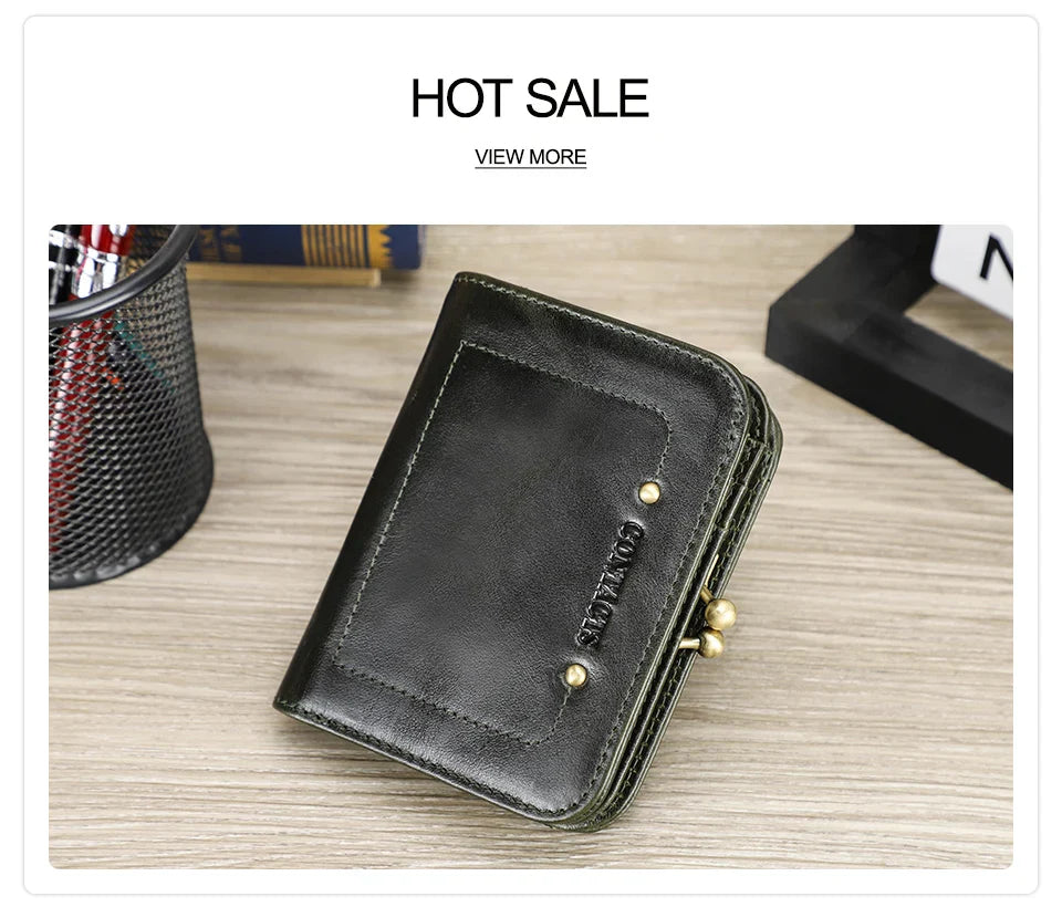 CONTACT'S Genuine Leather Short Wallets for Women Kiss Lock Classic Wallet Metal Frame Coin Purses Card Holder Money Clip Bags