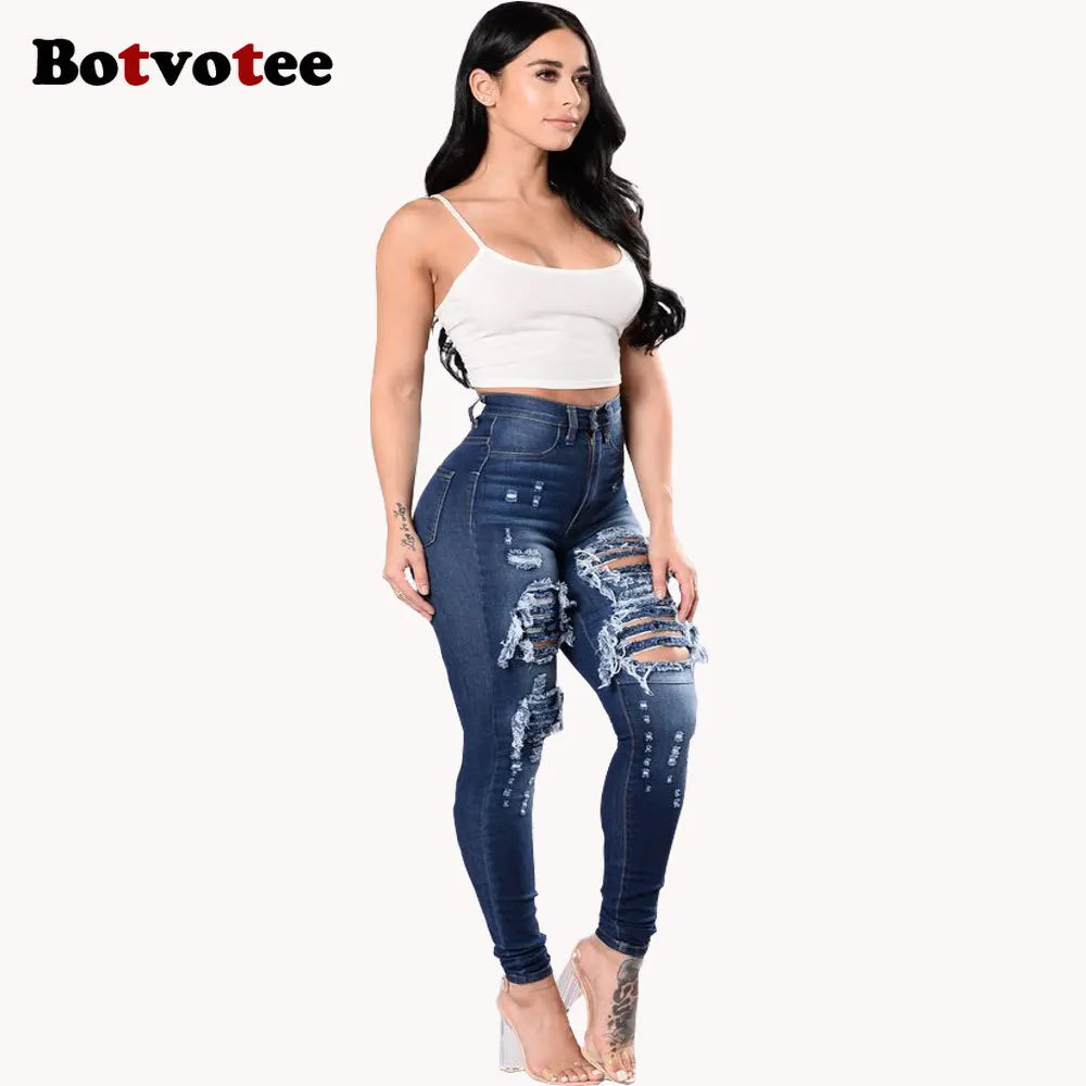 Botvotee Ripped Skinny High Waisted Pencil Jeans for Women Casual Y2K Streetwear Denim Pants Dark Blue Elastic Jeans Woman