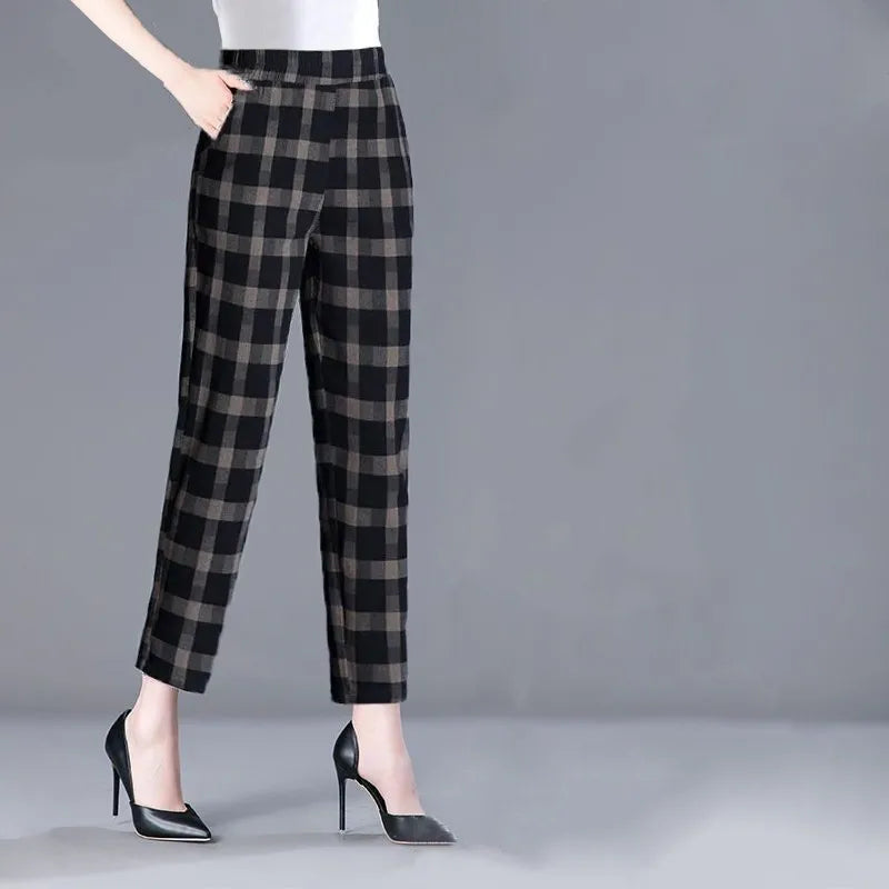 1pcs Spring Summer Women Cotton Comfort Breathable Pants Female Grid Flower Print Casual Loose Pant Lady Haren Straight Leg Pant