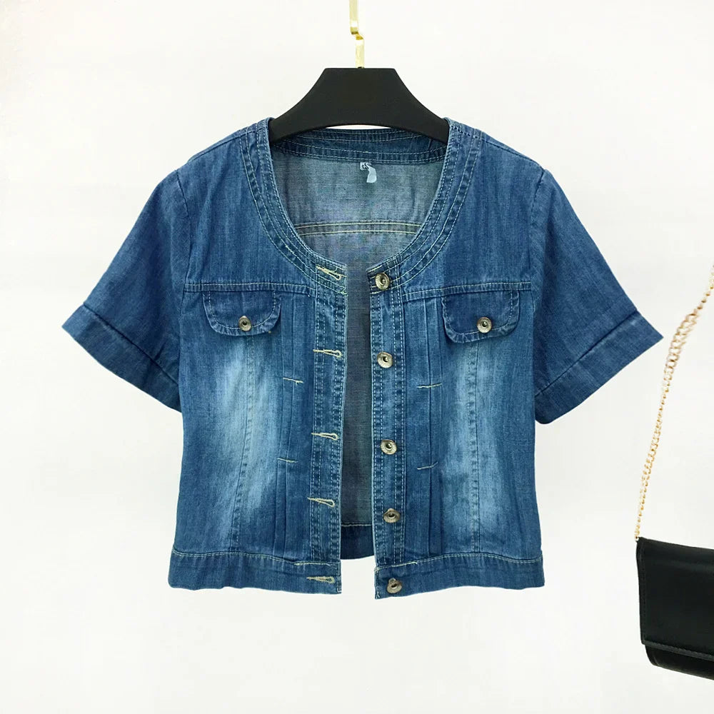2023 Spring/Summer New Denim Jacket Women's Korean Casual Slim All-Match Short Crop Sleeve Short Sleeve Denim Button Up Top