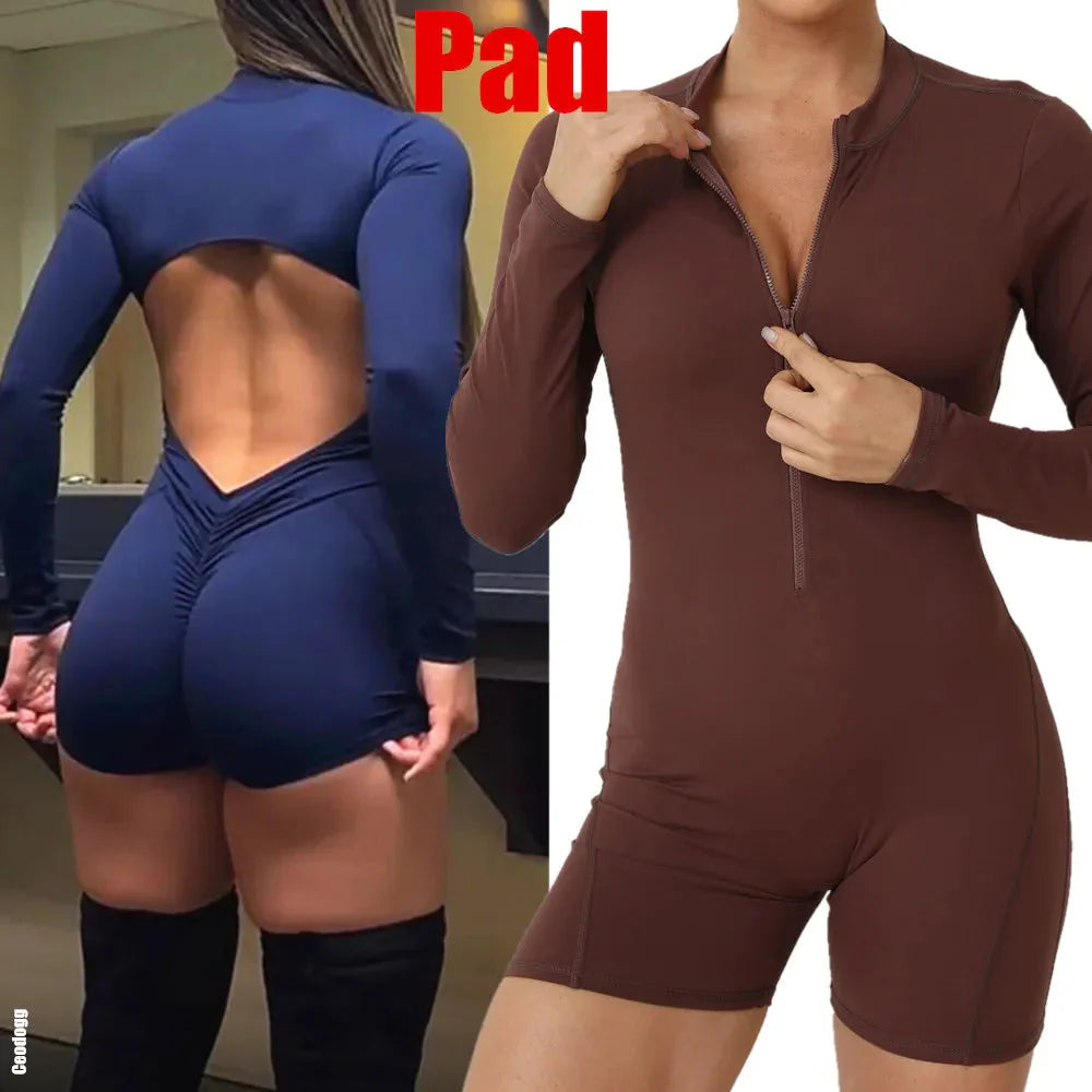 2025 Pad Zipper Long Sleeve Yoga Set Women One Piece Jumpsuit Gym Workout Shorts Fitness Bodysuit Sports Athletic Suit XP358
