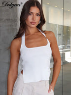 Dulzura Sleeveless Halter Side Slit Top With Button Sexy Casual Tank Party Club Streetwear Women'S Autumn Winter Clothes