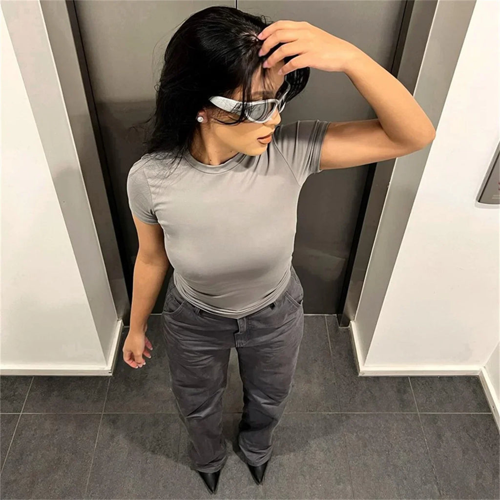 2025 Spring New Short Sleeve T-Shirt Women Solid Simple Casual Soft All-Match Hot Basic Crop Tops Tees Summer Fashion Slim Fit T