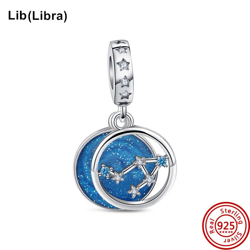 Authentic 925 Sterling Silver Sparkling Aries Leo Scorpio 12 Zodiac Signs Constellation Charm Beads Fit Pantaro Bracelet Jewelry